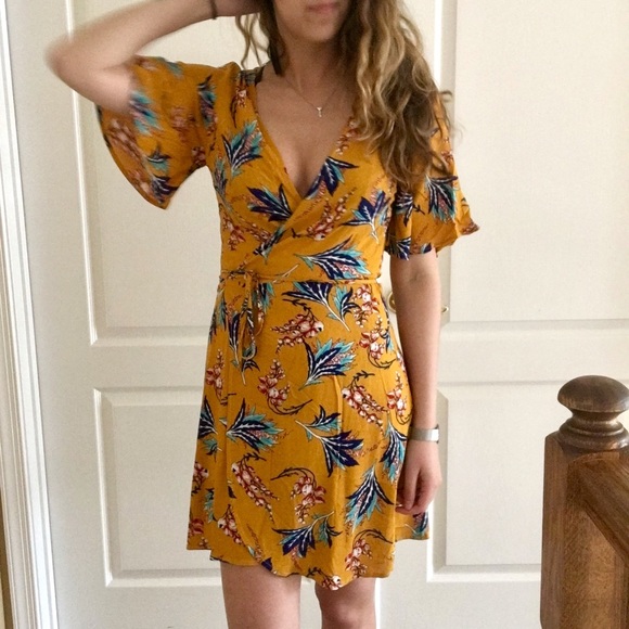 Tropical Floral Midi Wrap Dress Yellow - Picture 3 of 8